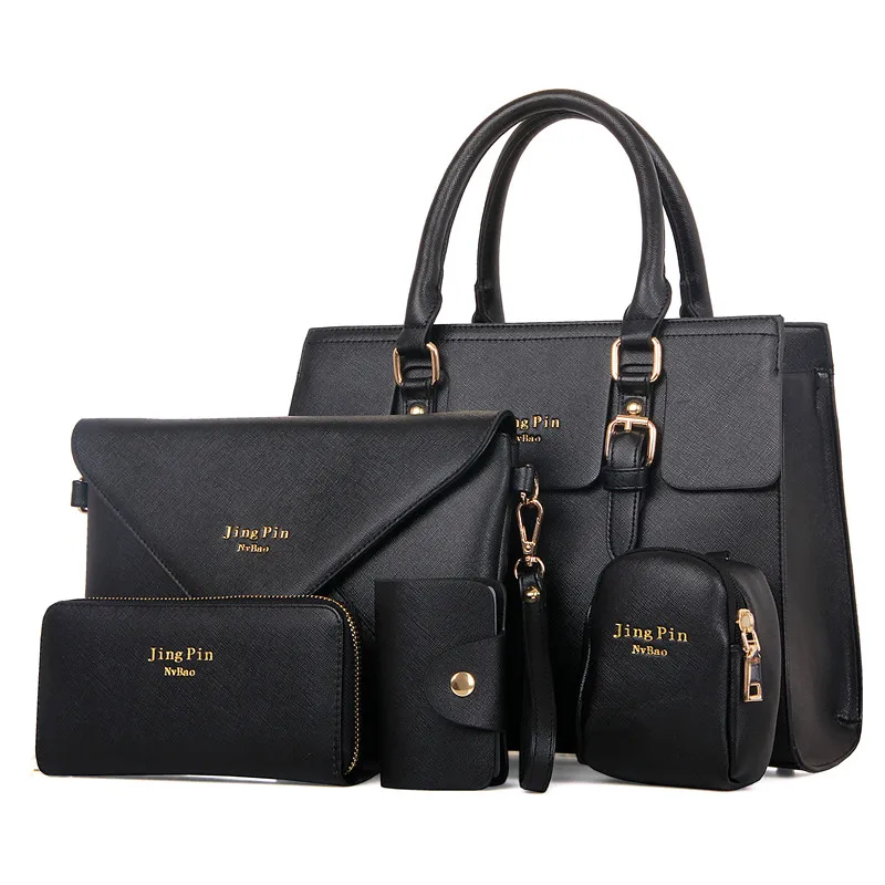 

2019 wholesale cheap 5 piece set pu leather Key case Cartera tote bag handbag hand bags with  logo, Black,gray,blue,red or as customers' requirement