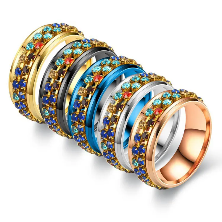 

SC Fashion Colorful Diamond Spinner Rings Personalized Inlaid Crystal Zircon Stainless Steel Rotating Fidget Rings for Anxiety, Gold, silver, black, blue, rose gold