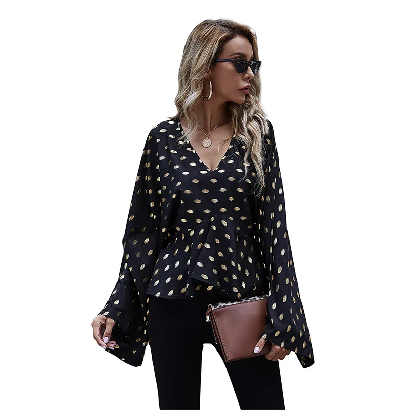 

Spring Korean Chic Ladies Shirt V-neck Puff Sleeves Vintage Polka Dots Blouse With Buttons Cropped Tops Woman Fashion E201912