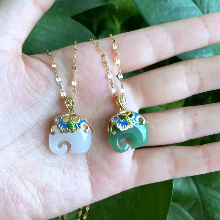 

Hot sale 18k gold plated green white baby jade elephant pendant charm necklace