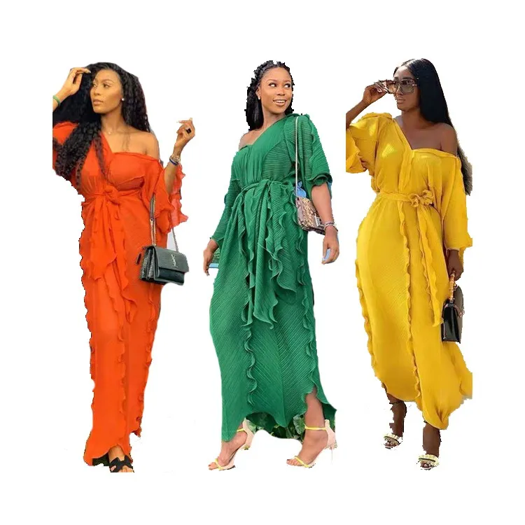 

Foma FM-9715 african ladies dresses pleated fabric ruffles chiffon sexy v neck maxi long dress for women clothing, 6 colors