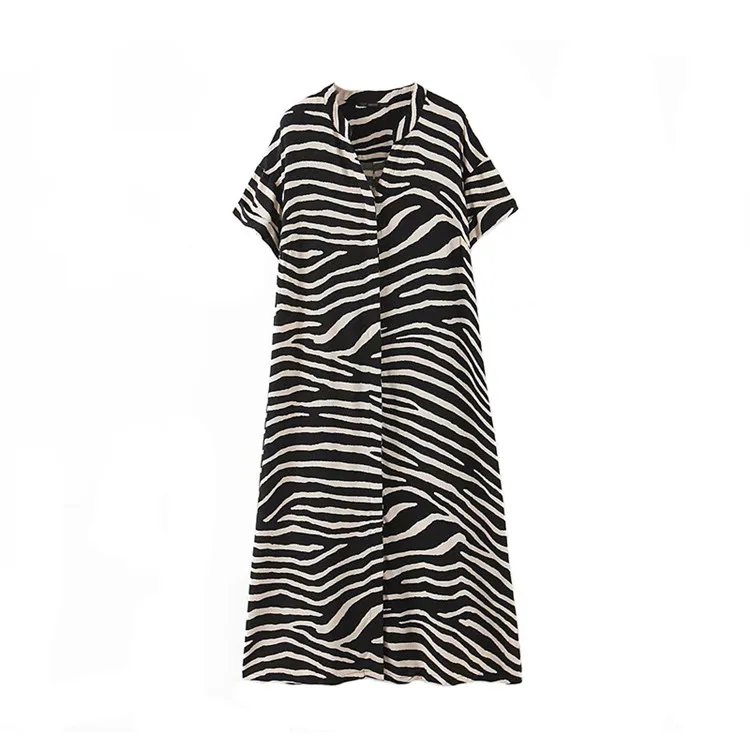 

2021 fashion women animal print summer dress loose short sleeve ladies midi dress