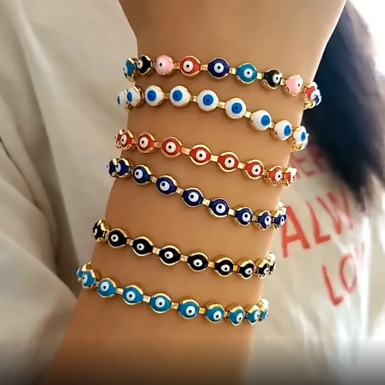 

BM1024 18k Gold Plated Rainbow Enamel Multicolor evil eyes Spiritual Chain Slide bracelet Jewelry