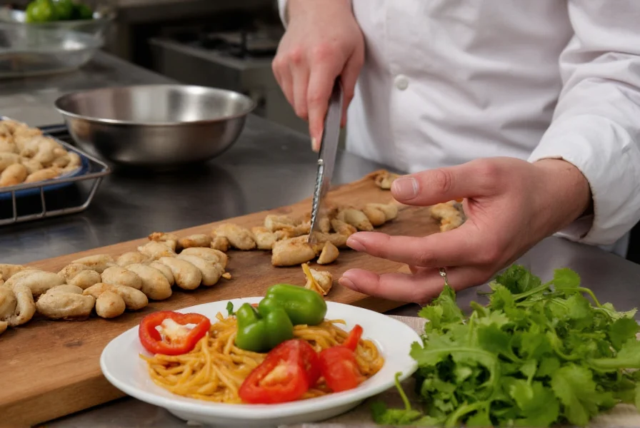 Chef preparing dish with both red and green bell peppers in kitchen
