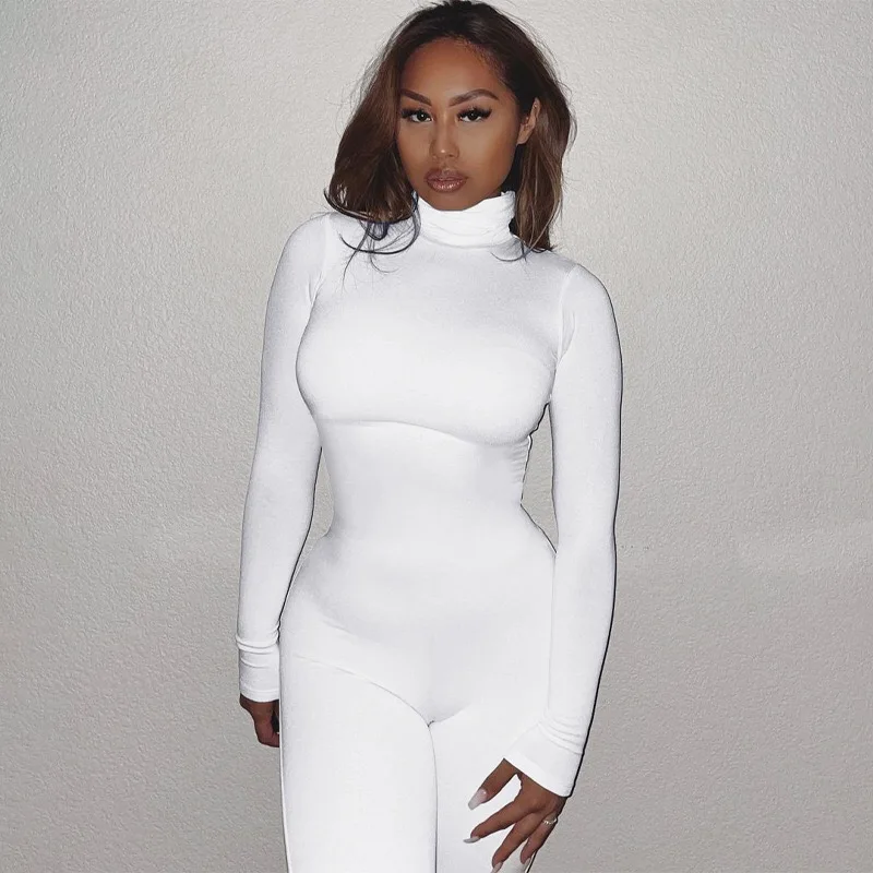 

Winter Long Sleeve Brown Sexy Bodycon Jumpsuit Women Romper One Piece Outfit Turtleneck White Black Female Jumpsuits, Picture