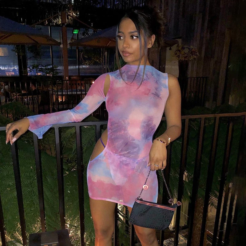 

Bomblook M20683D Sexy Mesh Women Mini Dress 2021 NEW Arrival Fashion One Shoulder Print Skinny Dress