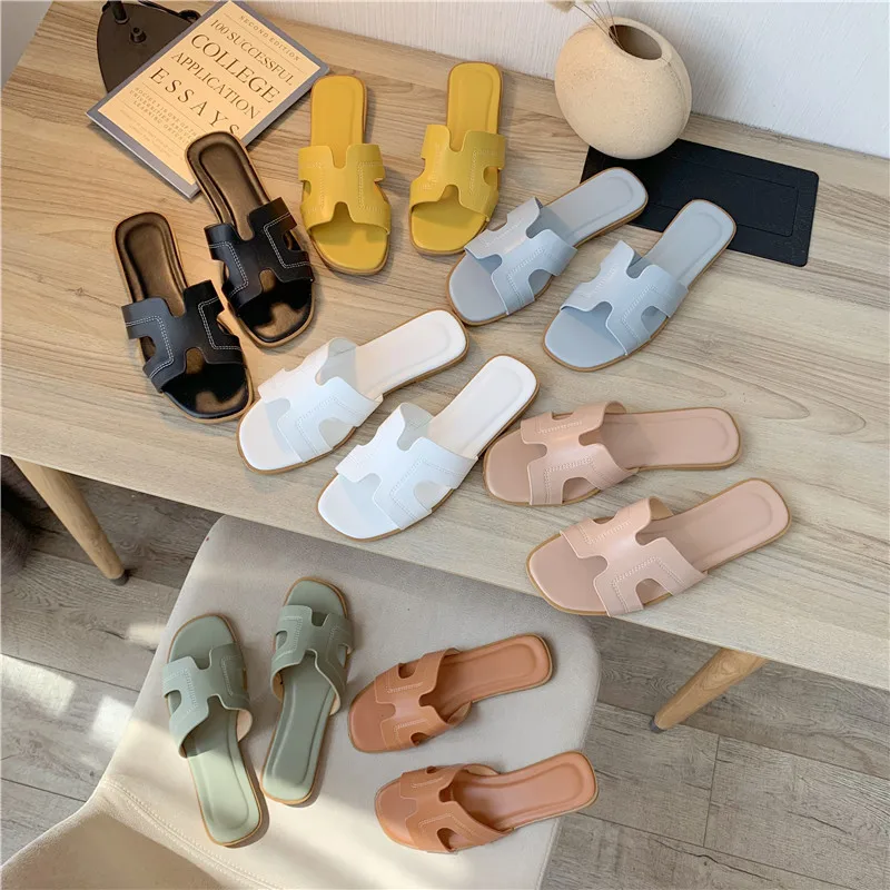 

New Arrivals Trendy Designer Women's H Band PU Leather Flats Sandals Ladies Summer Shoes Flat Beach Sandals Shoes for Women, 7 colors