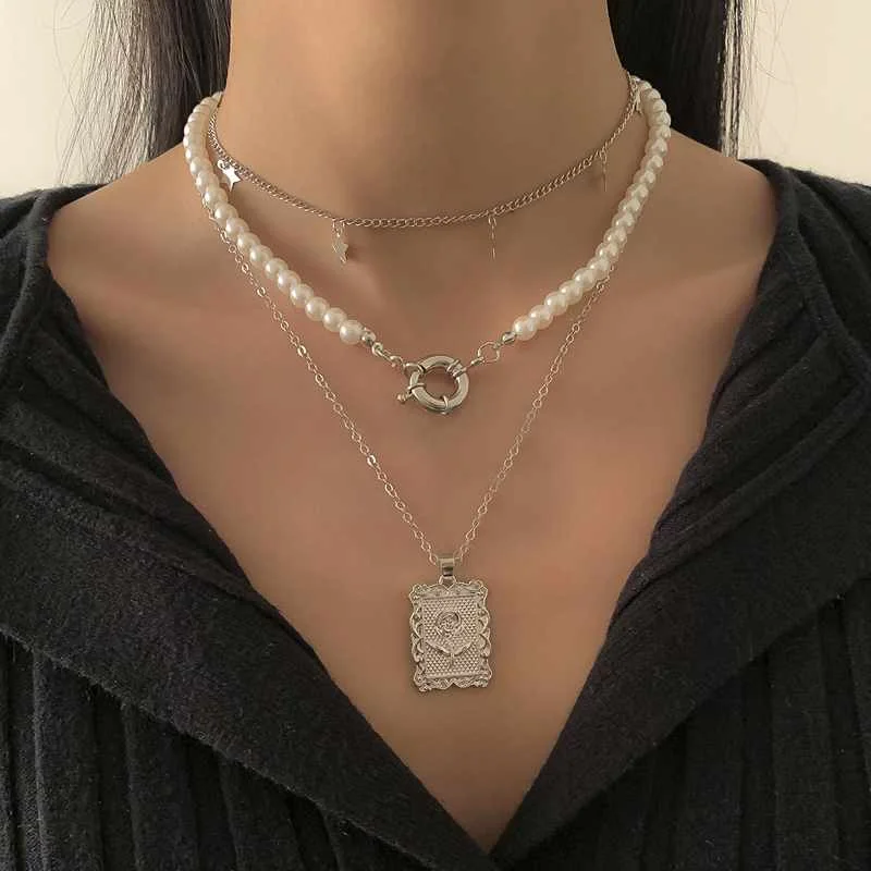 

Vintage Multi layered Chain Necklace Star Rose Flower Necklace for women, Gold,silver
