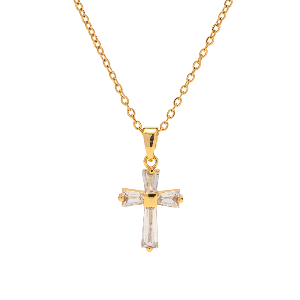 

Vintage 18K Gold Plated Clear Cross Zircon Necklace Geometric Cubic Zirconia Crossed Pendant Necklace