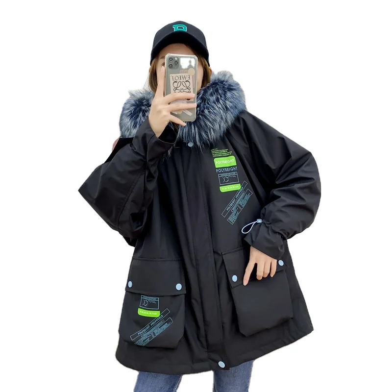 
Womens Genuine Leather Warm Outwear Parka Coats Winter Army Jacket Fur Collar Fleece Clothing Casual Quantity Cotton Hood 