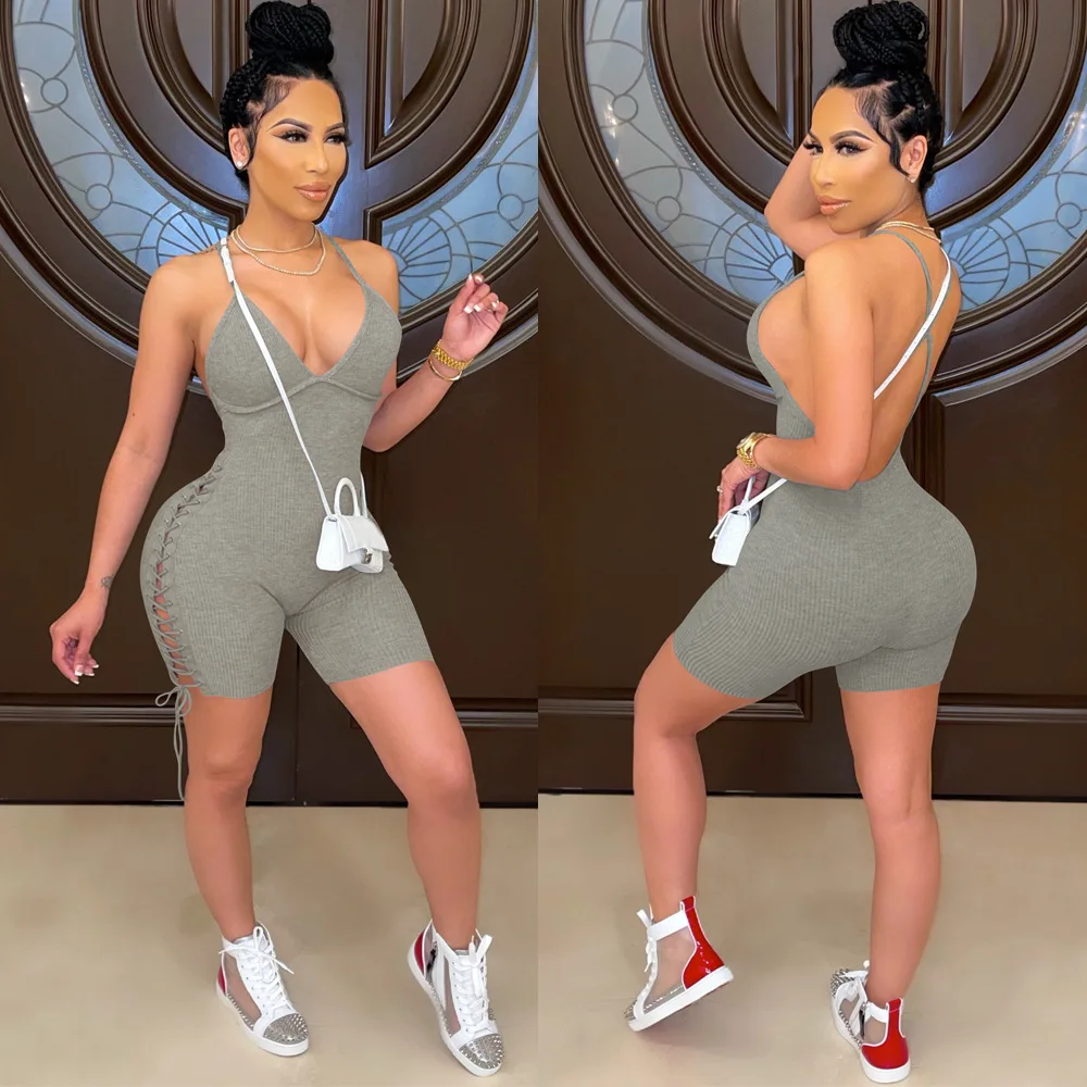 

Ready To Ship Sexy Cross Halter Elastic Hollow Tie One Piece Five Point Casual Pants