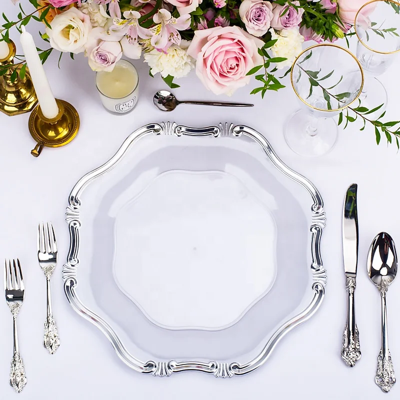 

13 inch elegant wholesale acrylic plastic clear silver charger plates wedding decoration gold rim cheap plate chargers wholesale, Gold/rose gold/silver