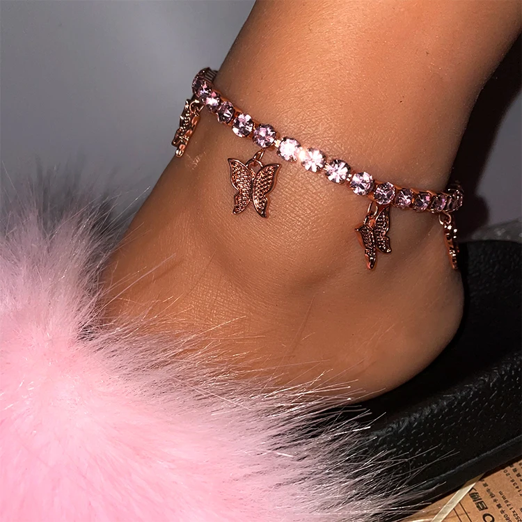 

Fashion statement pink diamond crystal charm jewelry butterfly cuban anklet, Picture