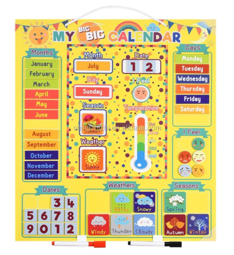 Moods and Emotions Preschool Learning Toys My First Daily Magnetic Calendar Weather Station for Kids Classroom Calendar Set |Usable on Wall or Fridge
