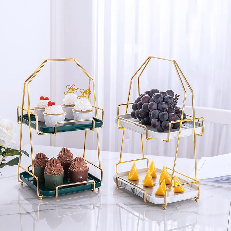 

European Style Double Layer Square Cake Stand Rectangular Plate Dessert Table Metal Marbling Ceramics Display Stand Decorations, Clear