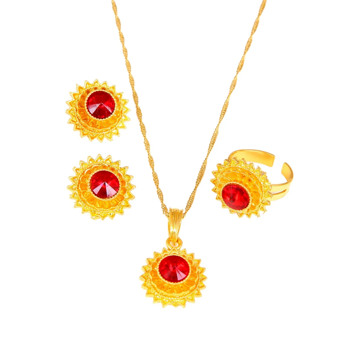 

Ethiopian Gold Color Earrings Pendant Ring Traditional African Habesha Women Jewelry Sets
