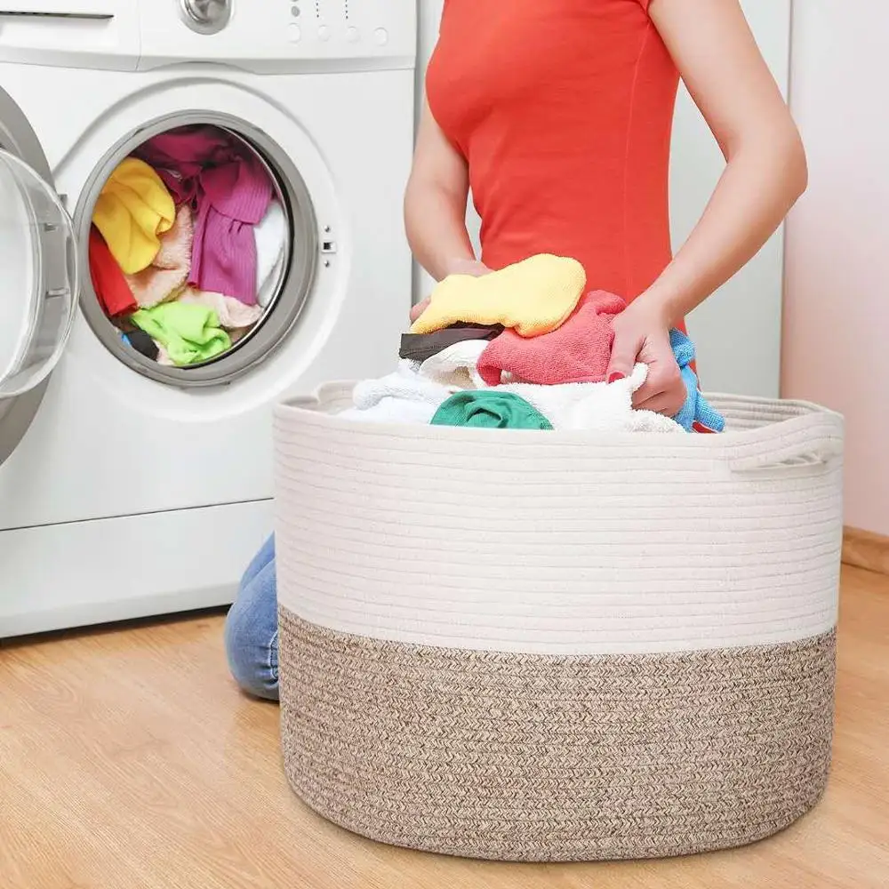 QJMAX Amazon Hot Sale Large Cotton Rope Basket Collapsible Woven Rope Laundry Basket With Braided Pattern