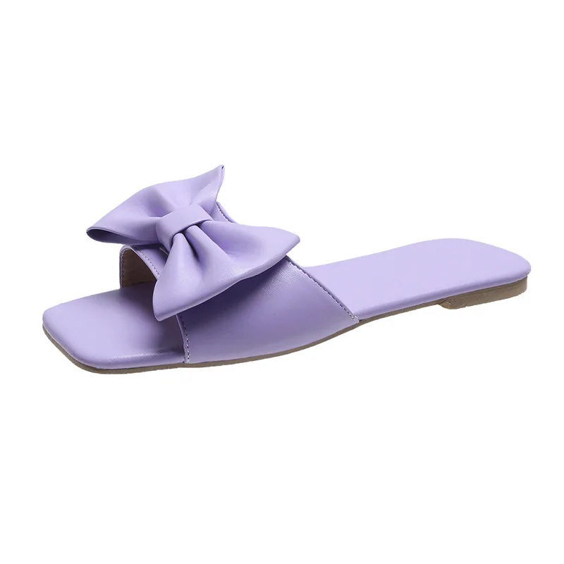 

Factory wholesale and retail ladies new design flat sandals women summer solid color bow patent leather slippers beach shoes