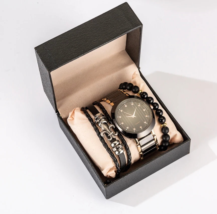 

fashion Business gift set quartz stainless steel watch and bracelet set men
