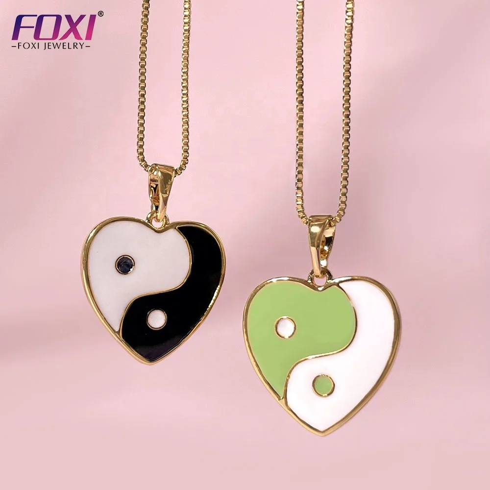 

Personalized Colorful Enamel Heart Necklace Jewelry No Tarnish 18k Gold Yinyang Flower Heart Pendant Necklace
