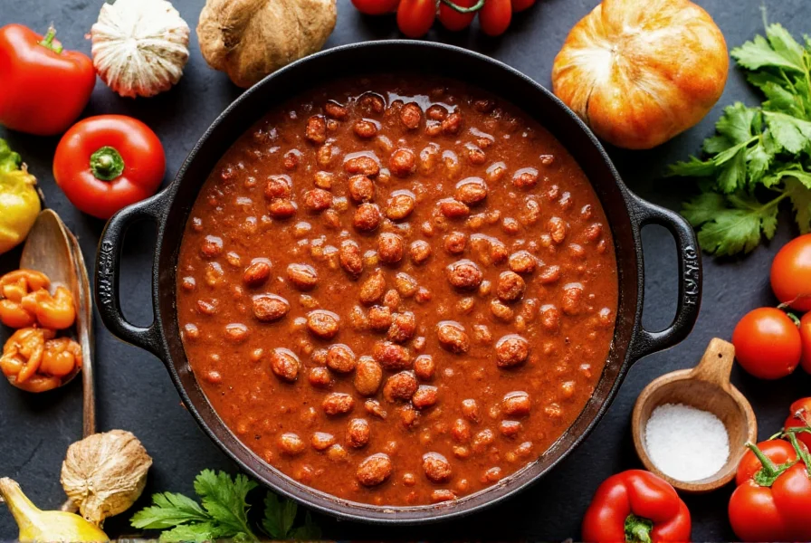 Simple stovetop chili in cast iron pot with minimal ingredients arranged around it