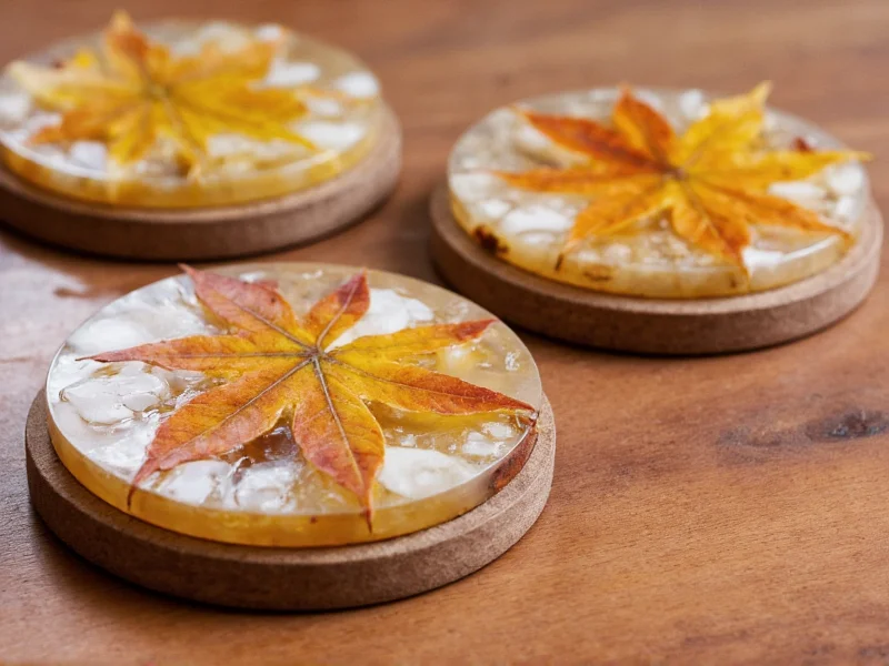 Resin coasters with preserved autumn leaves on wooden surface