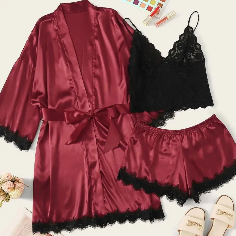 

3 Pcs long sleeve camis top shorts sets silk night robes satin pajamas women