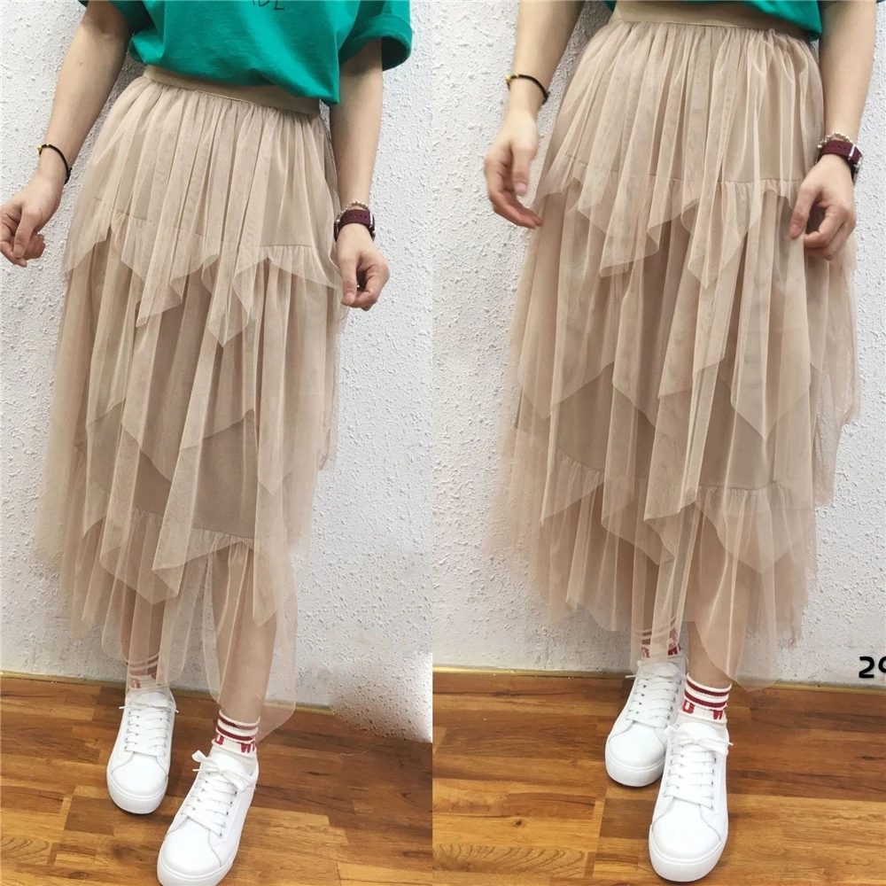 

*GC-0262 Wholesale irregular Tulle Skirts Fashion Elastic High Waist Mesh Pleated Long Skirts Midi Saias Faldas Jupe Femmle, As the pictures shown