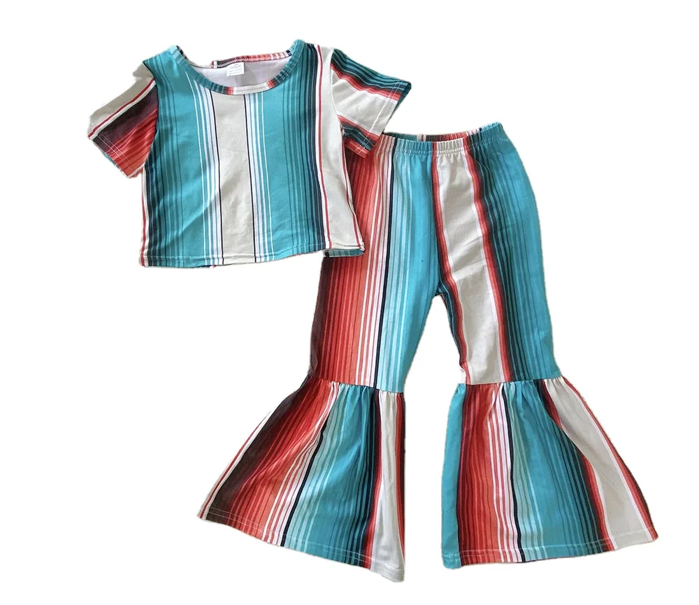 

Factory Boutique Summer Kids Fashion Short Sleeve Outfits Girl Vertical Stripe 2pcs set, Picture shows