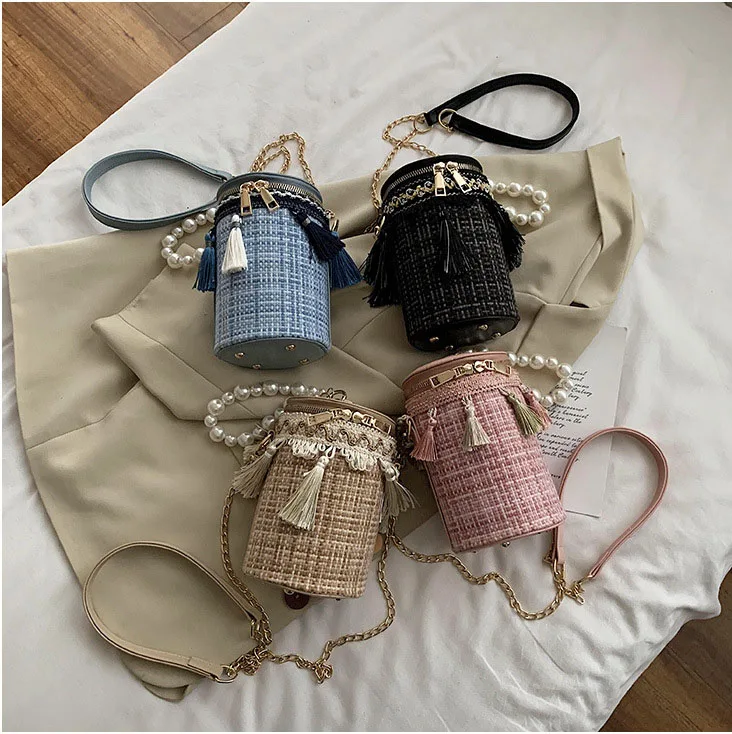 

TS9380 2021 Pearl Handle Cylinder Tote Weaving Bucket Bag Small Purses Designer Tassel Handbag Crossbody Chian Purse 2021