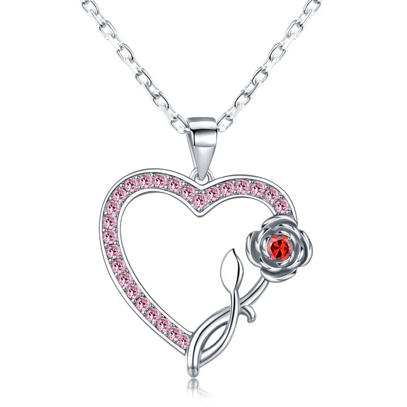 

Elegant Girlfriend Valentine's day Gifts Pink Diamond Hollow Heart Choker Necklaces White Gold Chains Crystal Heart Rose Flower, Picture color