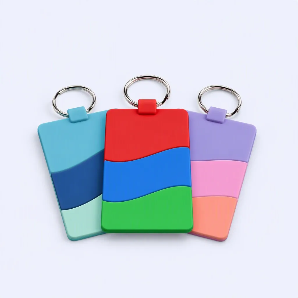 Three colorful PVC keychain tags fanned out — teal, red-blue-green, lilac-pink