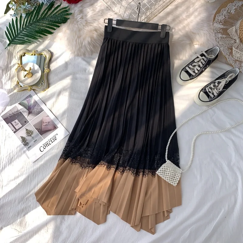 

B51422A Fashion high waist ladies slim lace autumn winter fancy pleated skirt