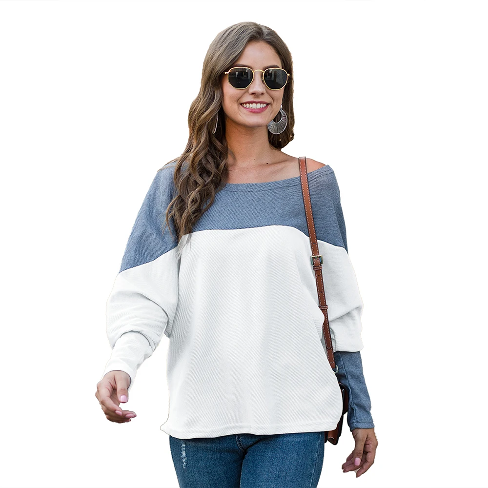 

Women's Loose Fashion Casual Long Sleeve Sweater Round Neck Stitching Contrast Top, As show