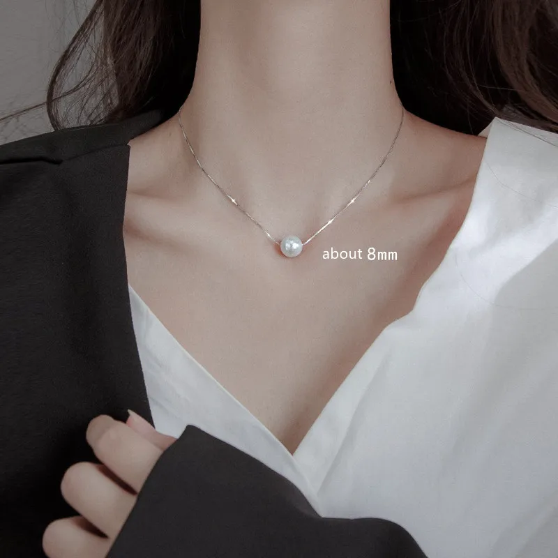 

Korean s925 silver thin chain simple grace pearl pendant necklaces
