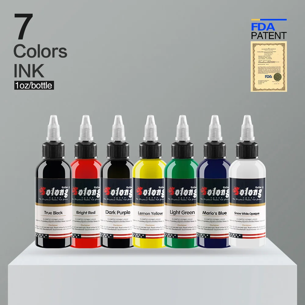 

Solong China Professional Tattoo Ink Bottle Set 7 Colors Super Flow Rate Factory Price