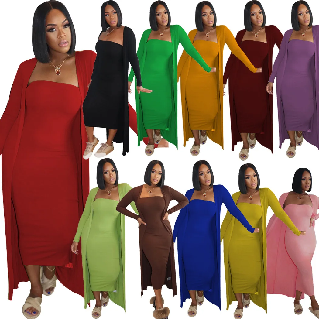 

Casual Solid Color Ladies Cardigan Dress Set Women Strapless Maxi Bodycon 2 Piece Dress Set, Customized color