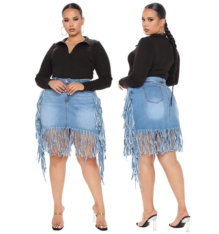 

2022 New arrivals casual mini blue jeans skirt women elegant hip package plus size tassel denim skirt