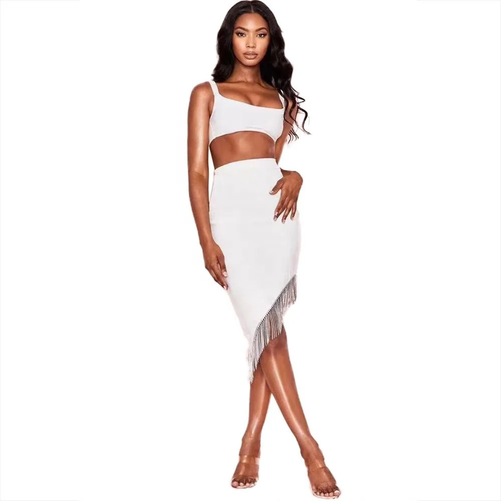 

Tassel Fringe High Waist Two Piece Set CRYSTAL Diamond Dress Party Bodycon Bandage Dress For Women F1976, White.black