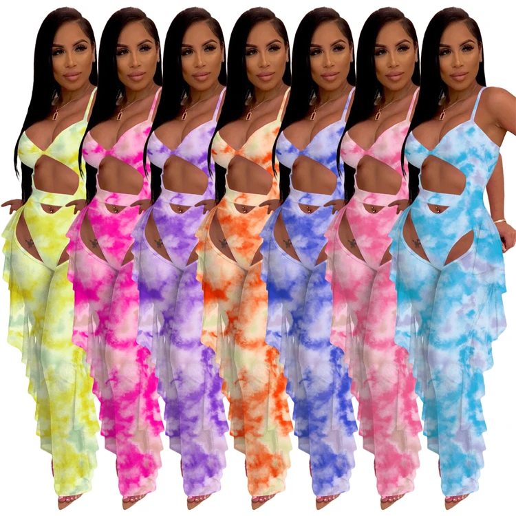 

2021 tie dye printed ruffle ladies summer fashion sexy sleeveless bikini style jumpsuits, Picture