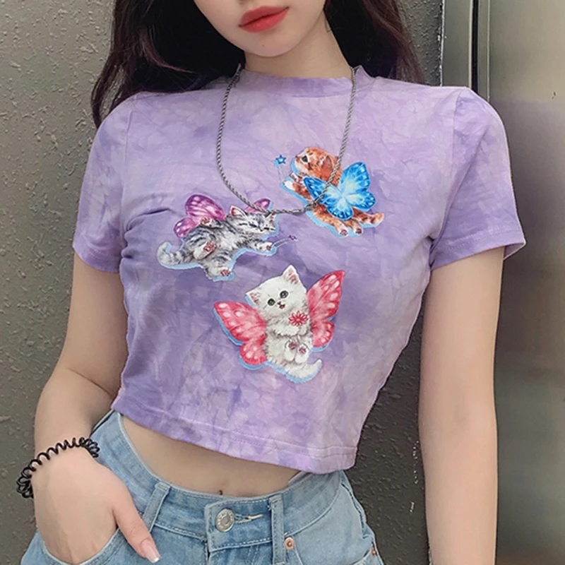 

Butterfly Graphic and Letter Printing Stitch Crop Tops Y2K Summer Style O-neck Short Sleeve T-shirts Fashion Clothes