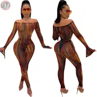 

9101013 2020 sexy off shoulder bodysuit transparent striped club Pant Clothing Women Two Piece Sets