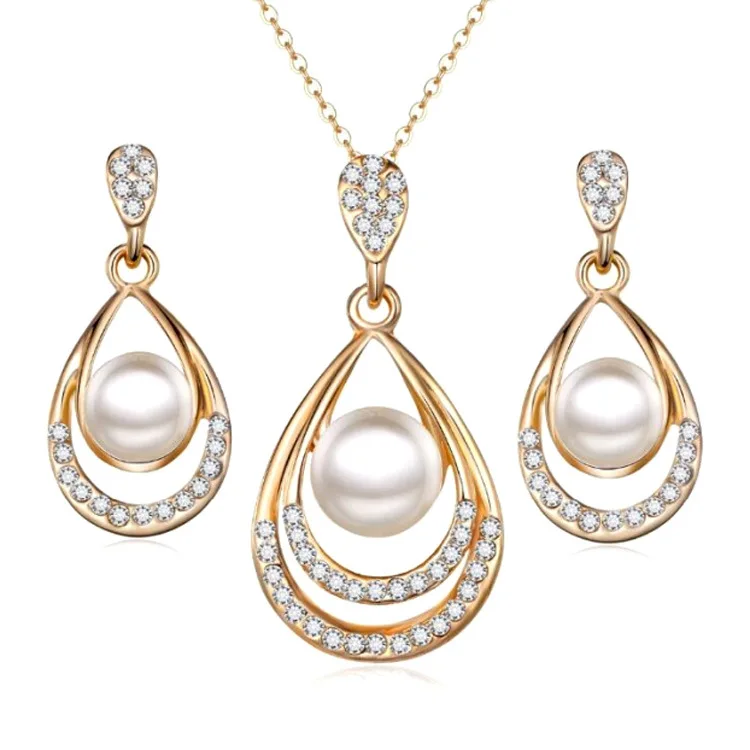 

Korean Style Freshwater Pearl Micro Paved Crystal Waterdrop Necklace Earrings Set Waterdrop Crystal Bride Jewelry Set, Red/blue/white