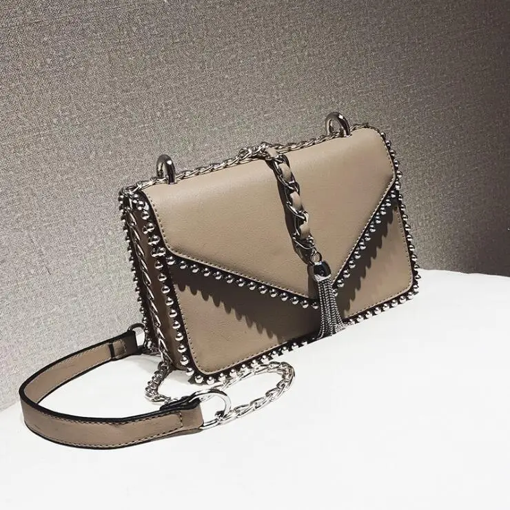 

2020 Women Luxury Bag Simple Small Square Bag Lady Handbag Leather Rivet Tassel Chain Shoulder Pouch Bags, 5 color