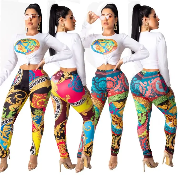 

0919M215 wholesale casual long sleeve t-shirt printed trouser women clothing two piece pants set