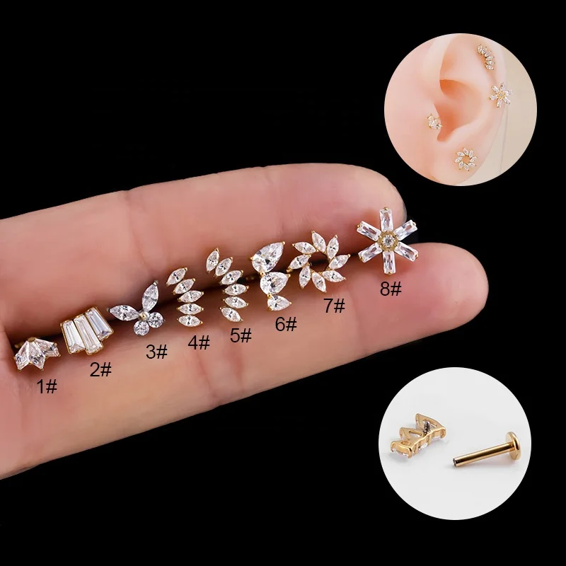 

R.Gem. Fashion Jewelry 16G G23 Titanium Internally Threaded Flat Back Earrings Cartilage Helix Tragus Labret Piercing Stud