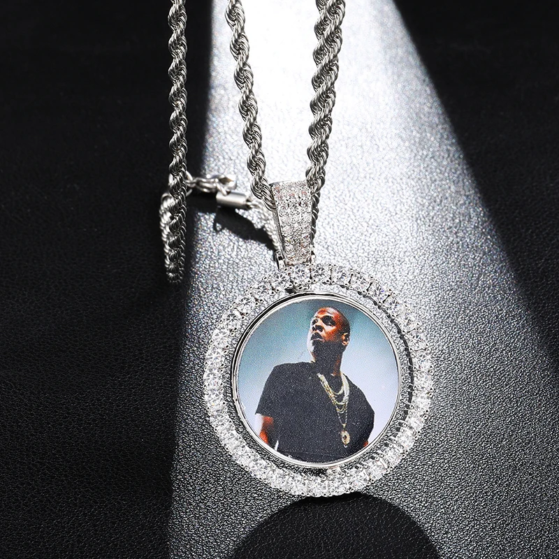 

Hip Hop Round Rotating Double-sided Iced Out Bling Custom Made Photo Cubic Zircon Necklace&Pendant