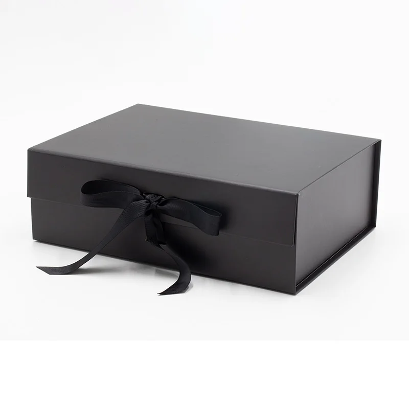 

Luxury custom ribbon design black magnetic lid keepsake gift box with ribbon