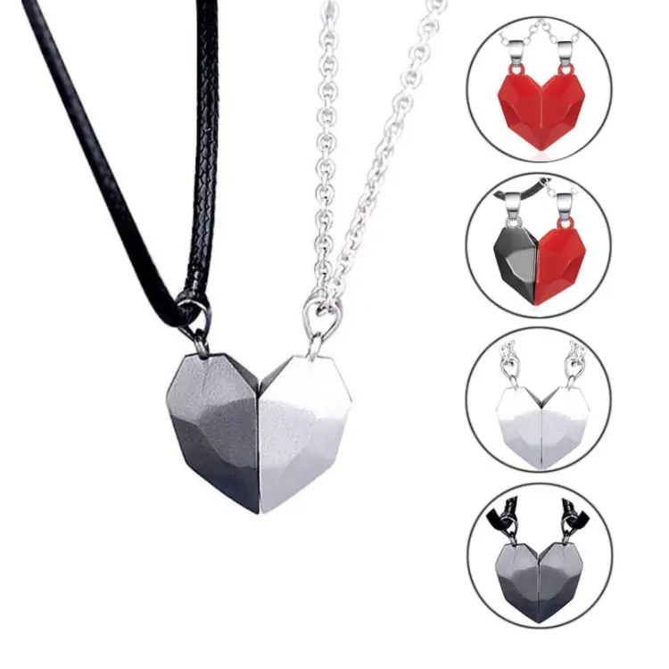 

SC Hot Selling Two Souls One Heart Pendant Necklace Friendship Necklace Creative Wishing Stone Magnet Heart Couple Necklaces Set, Black, red, silver