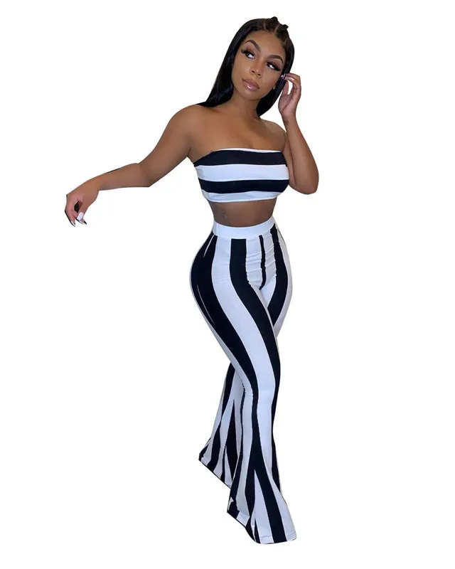 

TOB Strapless Crop Tops Womens Summer 2 Piece Set Printed Bell Trousers Set 2020 Africa outfit